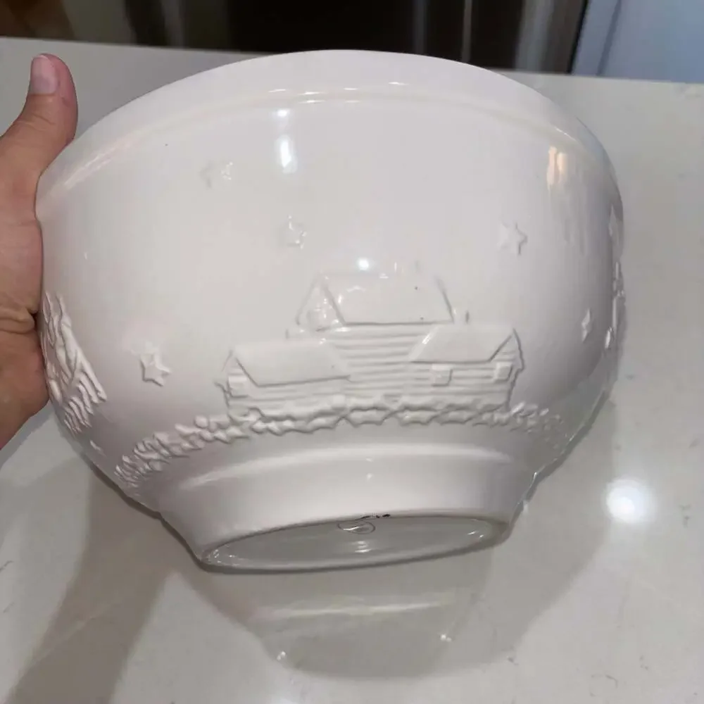 White Ceramic Embossed Christmas Bowl with Santa Sleigh and Cabin